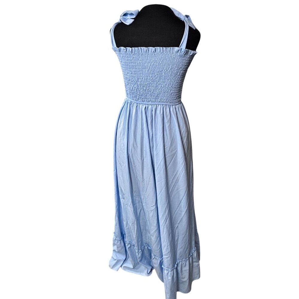 Blue Smocked Maxi Dress With Ruffled Hem & Tie Straps - Picture 3 of 10